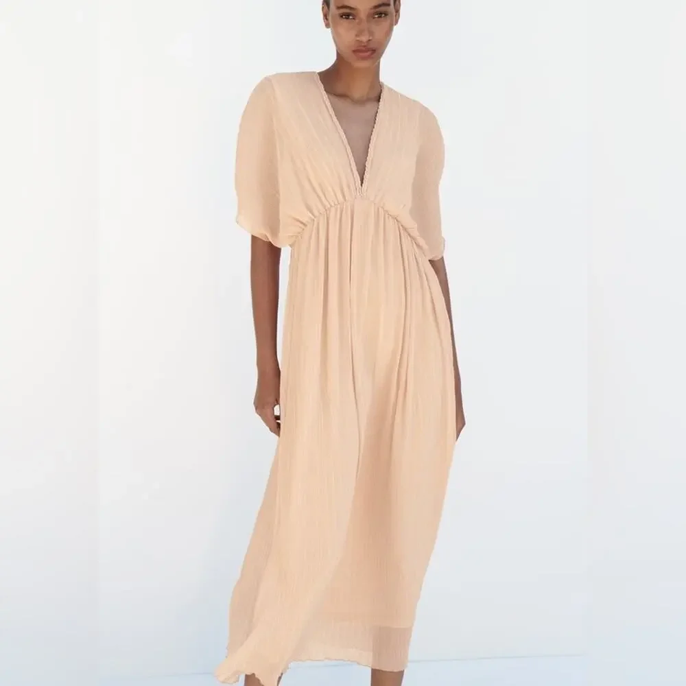 light pink colour dress Light Pink Sleek Satin V-Neck Dress For Prom With Beading And Lace-Up